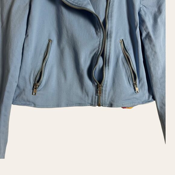 Color Me Courtney Dennis Blue Canvas Crop Biker Moto Jacket Size 4 - Picture 14 of 16